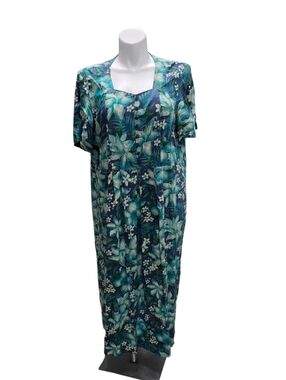 Vintage Erika 2X Tropical Floral Button-Front Maxi Dress in Teal & Navy